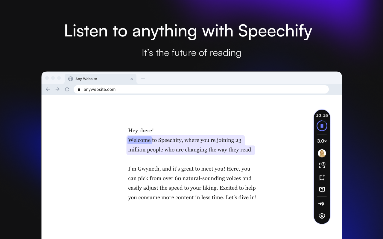 speechify è un potente strumento di sintesi vocale che trasforma testi in audio, rendendo l'apprendimento e la lettura più accessibili. ideale per studenti e professionisti, offre un'esperienza di ascolto fluida e personalizzabile. scopri come migliorare la tua produttività e concentrazione con speechify.